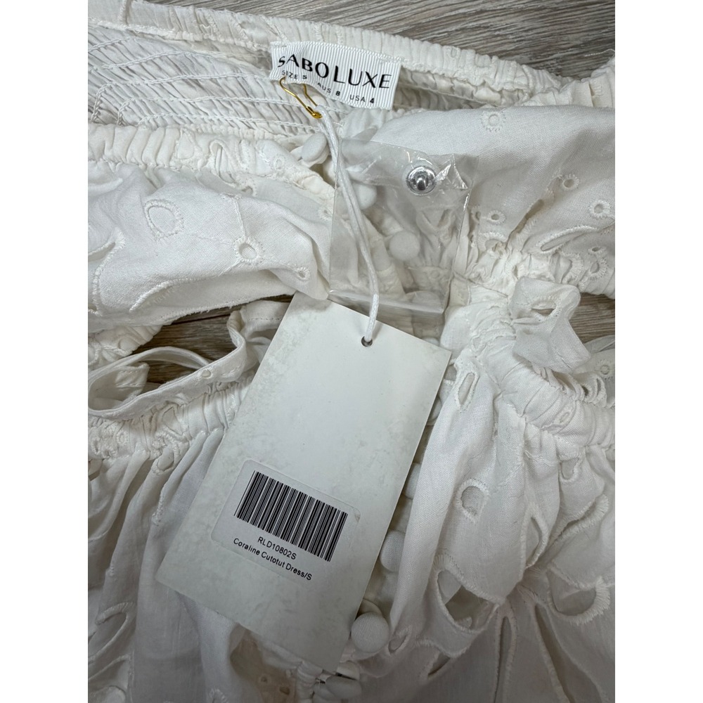 Sabo Luxe Coraline Cutout Dress White Eyelet Cotton Mini Puff Sleeve Size S NEW - Picture 3 of 8